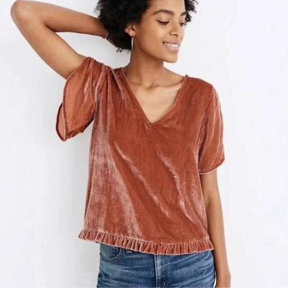 Madewell V Neck Ruffle Velvetet top Sz Small great for the holidays Classic - Picture 1 of 6